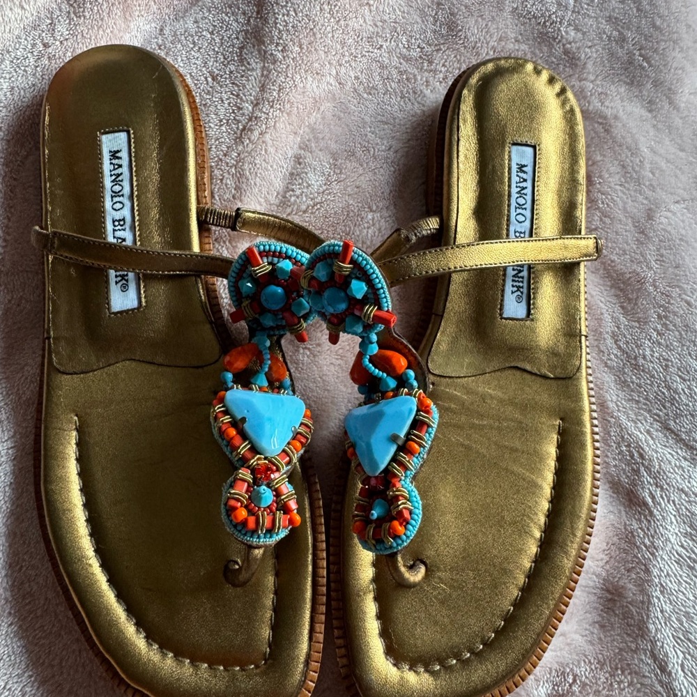 Manolo Blahnik Gold and Blue Sandals with Elegant Design